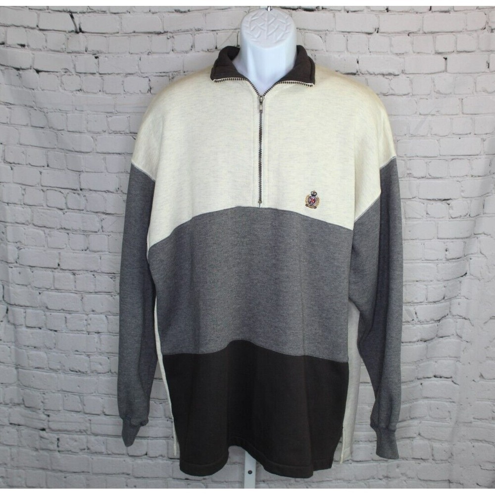 Vintage 90's Bugle Boy Men's XXL Fleece Pullover‎ Pockets 1/4 Zip Gray Beige EUC